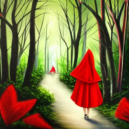 Image similar to little red riding hood walking through a dark forest, surrounded by brugmansia trees with white flowers, painting