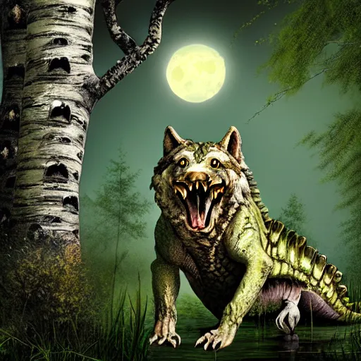 Prompt: Chimera with crocodile body and wolf head in a birch tree swamp howling at a yellowish full moon, photorealistic photoshop artwork