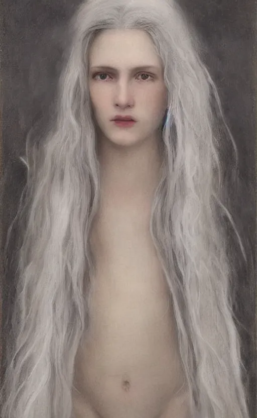 Image similar to say who is this with silver hair so pale and wan! and thin!? female angel, wearing long silver robes, flowing hair, pale fair skin, you g face, silver hair, covered!!, clothed!! lucien levy - dhurmer, jean deville, oil on canvas, 1 8 9 6, 4 k resolution, aesthetic!, mystery