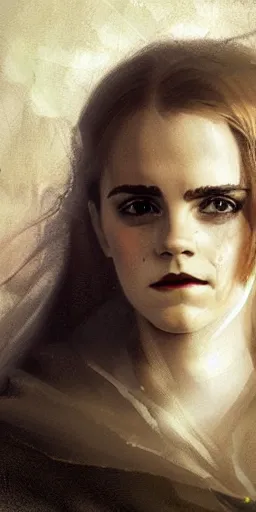 Prompt: Portrait of Emma Watson as a vampire goddess, beautiful, smirking, sharp focus, Greg Rutkowski, Thomas Kincade