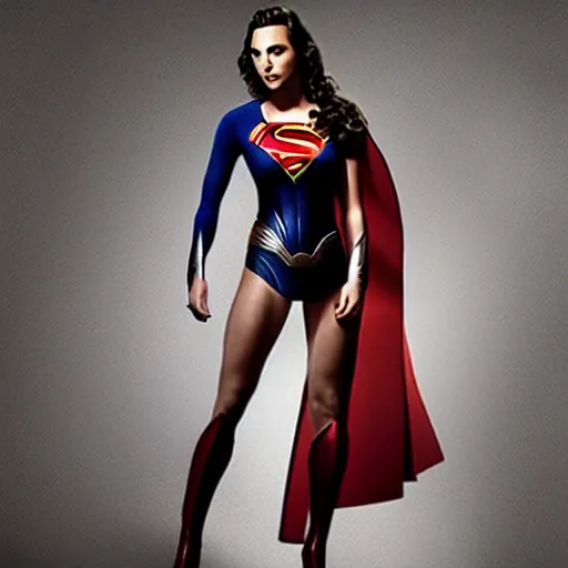 Image similar to an potrait of gal Gadot cast of movie man of steel and wearing a superman suit .