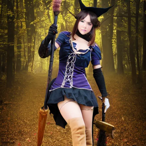 Image similar to young woman witch with magic wand and broom cosplay, she wears boots, full body shot, detailed face, photo taken by nikon, 4k, high quality, very detailed, intricant