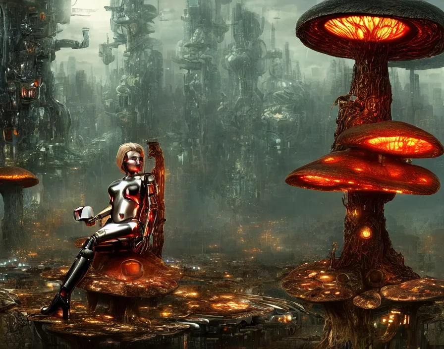 Image similar to photo of an intricate and sophisticated terminator woman with borg enhancements sitting on a giant mushroom in a weird magical forest and drinking a cup of tea. Very detailed 8k. Fantasy cyberpunk horror