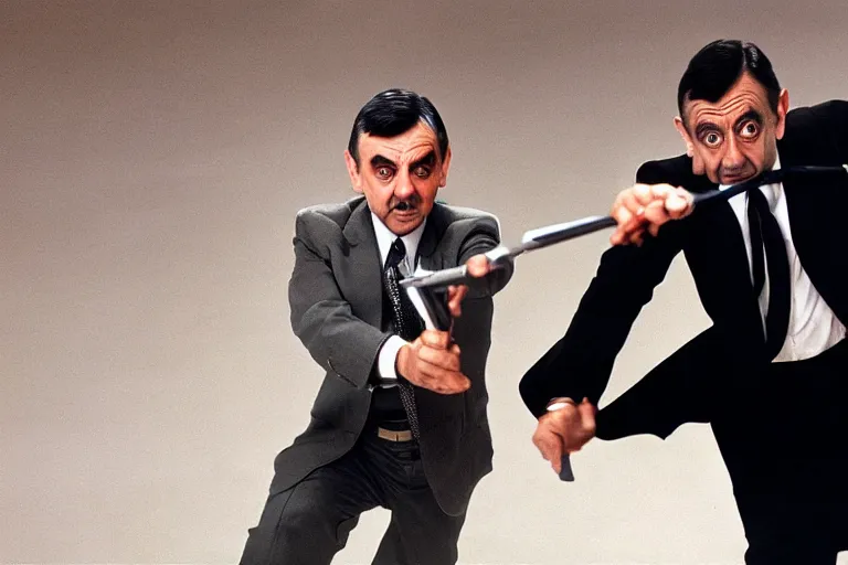 Image similar to mr bean from 1 9 9 0 s as james bond in an action scene fighting a villain, professional photography, 8 k, cinematic