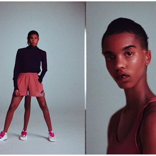 Image similar to realistic photoshooting for a new nike lookbook, color film photography, portrait of a beautiful woman, in style of Tyler Mitchell, 35mm,