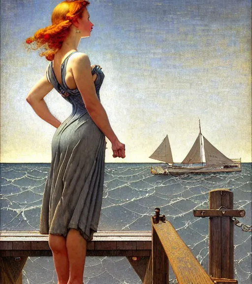 Prompt: a fancy beautiful young lady standing on a wharf at the edge of the sea by brom and gil elvgren and jean delville and william blake and norman rockwell and michael whelan, crisp details, hyperrealism, high detail, high contrast, low light, grey mist, cobblestones, dim lantern
