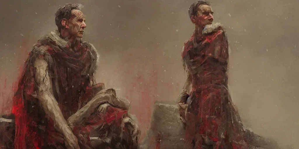 Image similar to the end is near. a tired julius caesar is sitting on his throne. face is highly detailed. splices of red are running down his toga. mist. color scheme red. low angle medium shot. imagined by jeremy lipking