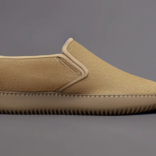 Image similar to a distinctively curved silhouette desert sand color shoe, upper of the shoe is made from a lightweight foam material and has holes, which gives the shoe its unique look. the desert sand color foam material used on the midsole and outsole of the shoe, foam - based slip - on shoe, designed by kanye west, studio lighting, studio portrait