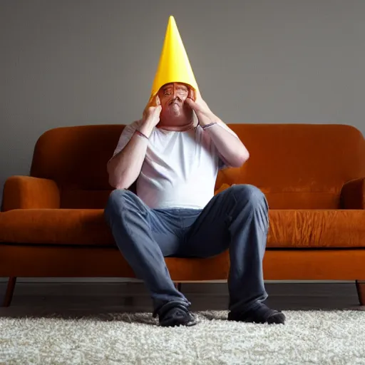 Prompt: drunk man slouched on the couch wearing a cone on his head