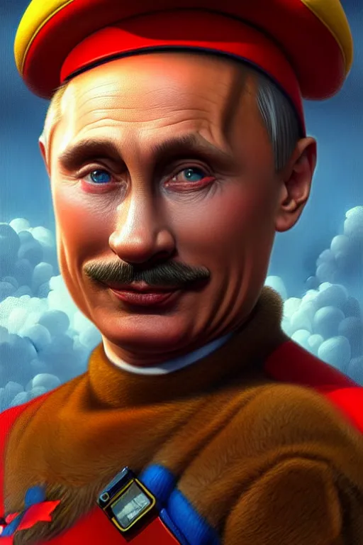 Image similar to vladimir putin as mario from super mario bros, realistic portrait, symmetrical, highly detailed, digital painting, artstation, concept art, smooth, sharp focus, illustration, cinematic lighting, art by artgerm and greg rutkowski and alphonse mucha