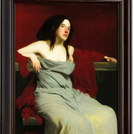 Image similar to vivid by edwin henry landseer. a beautiful conceptual art. her cell is as bare as mine. she is sitting in the middle, hugging her knees, wrapped in a toga - like garment.