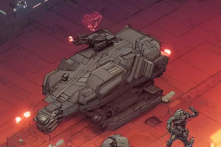 Prompt: comic book illustration, an android soldier sits on the turret of a futuristic tank, cyberpunk concept art by josan gonzales and Moebius, highly detailed, intricate, sci-fi, sharp focus, Trending on Artstation HQ, deviantart