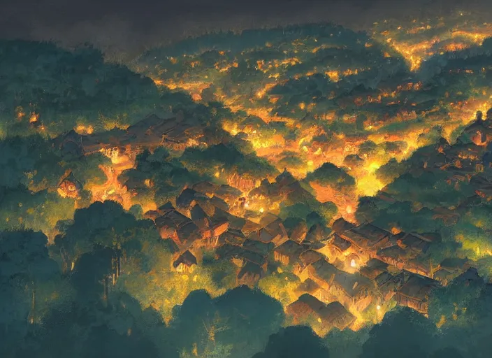 Image similar to concept art painting of a small woodland village at midnight, by a river in a mountain valley seen from above, night time, european japanese buildings, cel shaded, realistic, by makoto shinkai and moebius and anton fadeev and greg rutkowski and james gurney