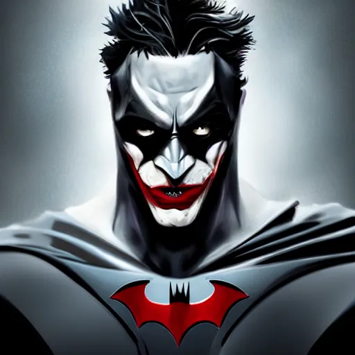 Image similar to half Batman half joker face, digital painting, amazing detail, artstation, cgsociety