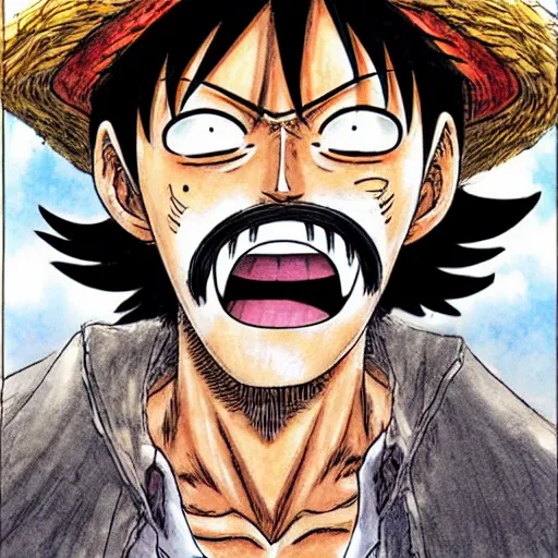 Image similar to [ luffy mustache ] ( by kim jung gi ) ( by george morikawa ) ( by kentaro miura ) ( by eiichiro oda )