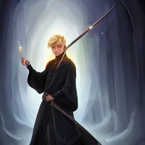 Image similar to Young, handsome wizard with a blonde ponytail wearing exquisite black robes, a spider cloak and wielding a legendary staff of light. Magic flux. High fantasy, digital painting, HD, 4k, detailed.