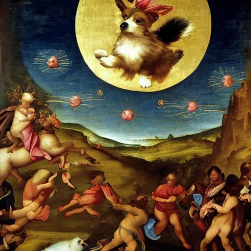 Image similar to happy corgi dog flying through cosmos, renaissance art style