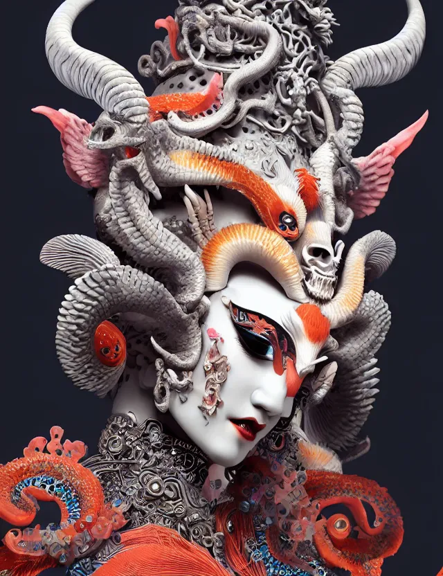 Image similar to 3 d goddess close - up profile portrait of satanic with ram skull. beautiful intricately detailed japanese crow kitsune mask and clasical japanese kimono. betta fish, jellyfish phoenix, bio luminescent, plasma, ice, water, wind, creature, artwork by tooth wu and wlop and beeple and greg rutkowski