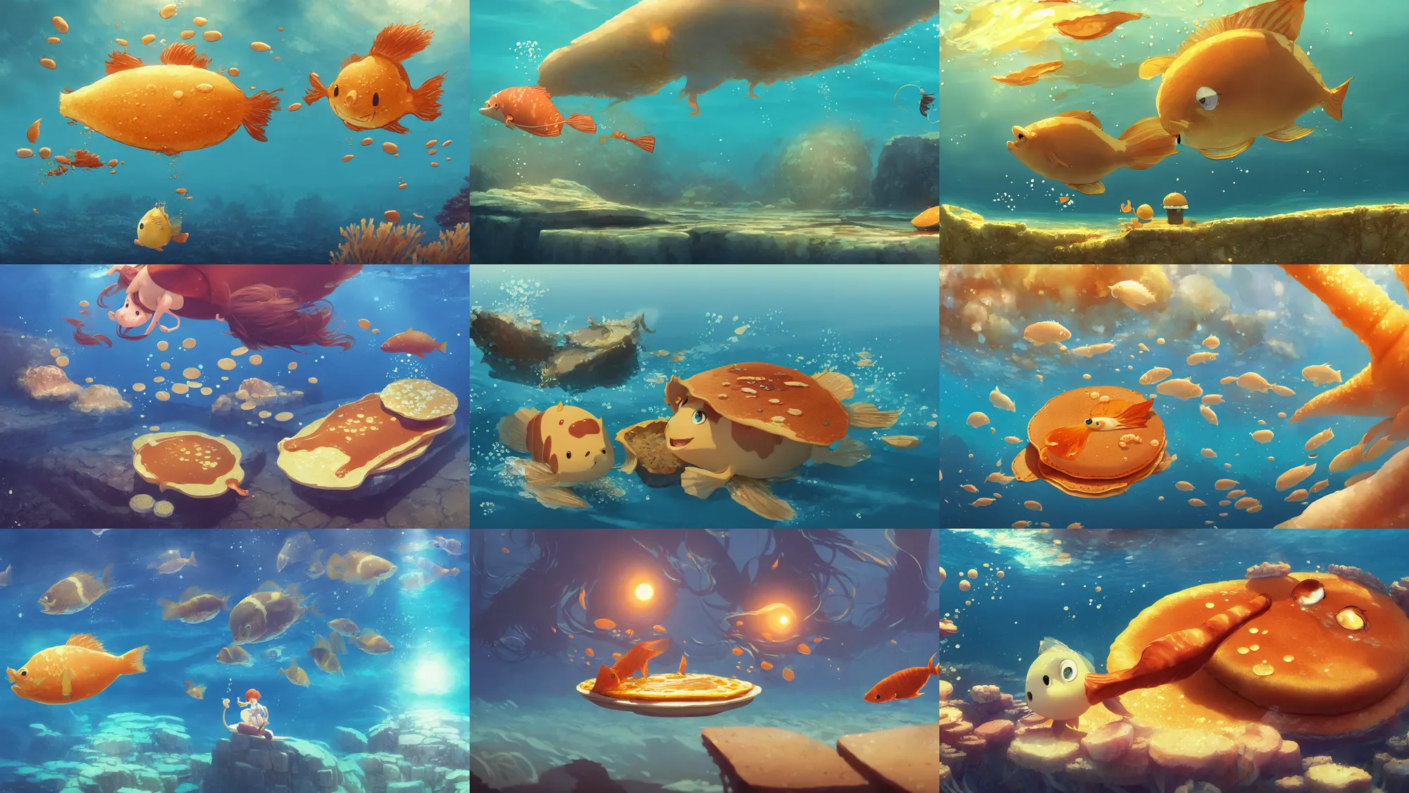 Prompt: digital underwater art of a happy flat pancake fish swimming in syrup, cute, 4 k, fish made of pancake, fantasy food world, living food adorable pancake, brown atmospheric lighting, by makoto shinkai, studio ghibli, greg rutkowski