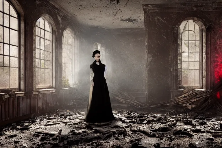 Image similar to A ghostly woman in a long, black victorian dress, standing in the middle of a ruined, abandoned, polish mansion dining hall, seen from inside. Pitch black darkness, A strong red keylight is the only lightsource. Smoke. Dirt, leaves on ground. Octane render. Substance painter. Zbrush. Trending on artstation. 8K. Highly detailed.