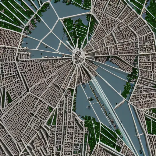 Image similar to a city from above, in the shape of a spider, very detailed, 4k