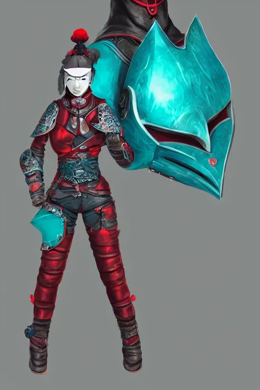 Image similar to female adventurer in tight full - body teal leather armor of japanese design with red accents and a white porcelain crow mask, trending in artstation, japanese, artstation, big moon in the background, establishing shot