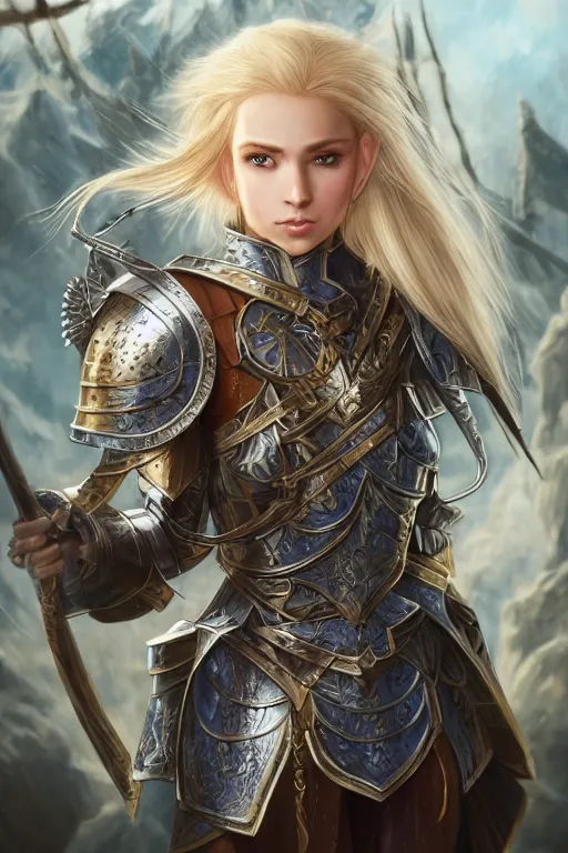 Prompt: highly detailed full body shot of a proud young elven knight in the style of Warhammer Fantasy by Artgerm and Arian Mark, short blonde hair, blue eyes, sapphire earrings, no helmet, low angle shot, highly detailed, trending on artstation, cgsociety, 4k, 8k, HDR, octane render, unreal engine