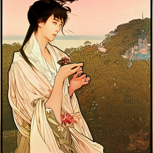 Prompt: girl watching watching fireworks on a hill, digital art, by range murata, akiyuki shinbou, alphonse mucha, highly detailed, realistic, cinematic