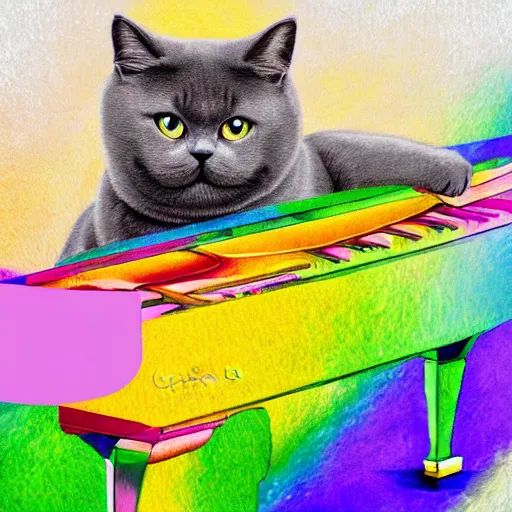 Prompt: oil painting portrait of a grey british shorthair cat fully body playing the piano with colorful abstract background with musical notes digital art concept art 4 k