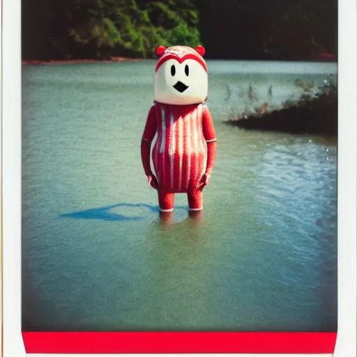 Image similar to A polaroid photo of a cereal mascot standing in a shallow river, dreamy lighting, hi-res photo