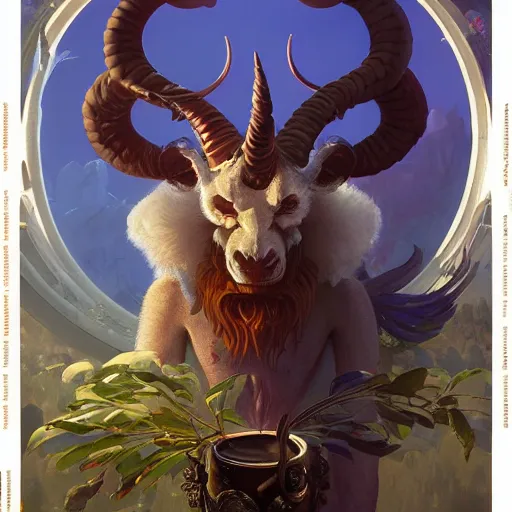 Image similar to highly detailed painting of baphomet drinking beer, unreal engine, fantasy art by greg rutkowski, loish, rhads, ferdinand knab, makoto shinkai and lois van baarle, ilya kuvshinov, rossdraws, tom bagshaw, alphonse mucha, global illumination, radiant light, detailed and intricate environment