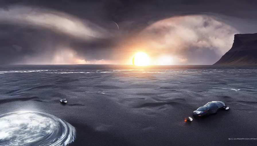 Image similar to solar eclipse in iceland, black sand, dramatic clouds, jessica rossier, art station