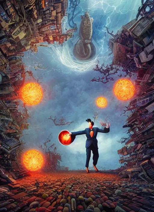 Image similar to the third first image on the scattered absurdity server, dr seuss, and dr strange, looking at an open portal hopping and time warping with reckless abandon, dramatic atmosphere, photo realistic, hyperrealism, by Greg rutkowski, Jacek Yerka, Dan Mumford