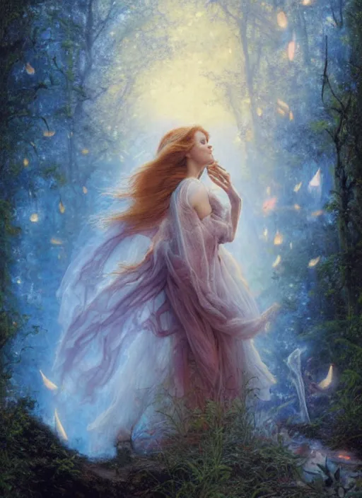 Image similar to Amy Adams staring into the camera, misty wisps, fireflies, Lilia Alvarado, Sophie Anderson, Mark Arian, Bob Byerley, Charlie Bowater, Mark Brooks, Steve Henderson, Justin Gerard, Arthur Hughes, Edward Robert Hughes, Mark Keathley, Victor Nizovtsev, Carlos Shwabe, Ross Tran, WLOP