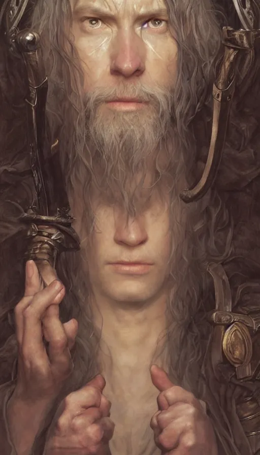 Prompt: epic masterpiece portrait lord of the rings in dungeons and dragons, long robe, sweaty skin, hyperrealistic, octane render, cinematic, beautiful face and flawless skin, perfect hands, 5 fingers, by Edgar Maxence and Ross Tran and Michael Whelan, Legends of Runeterra