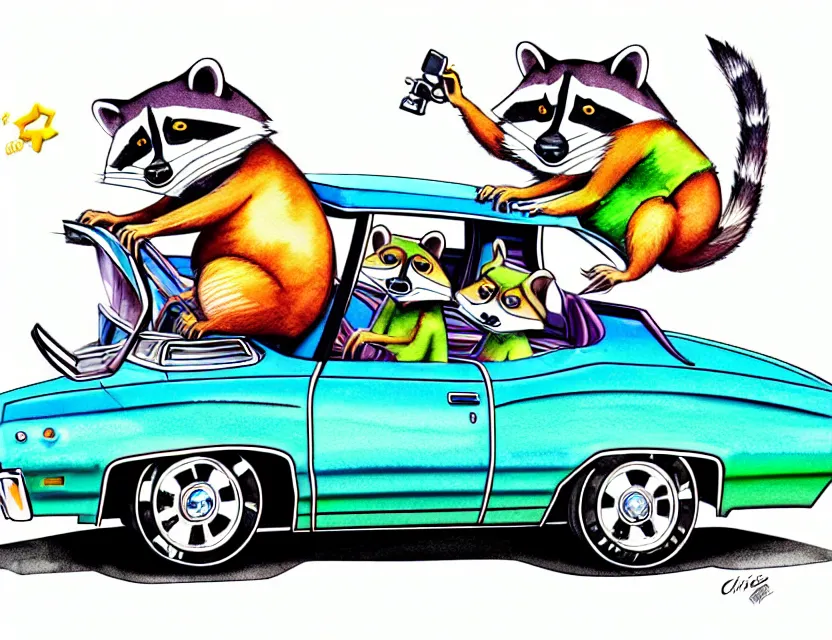 Image similar to cute and funny, racoon riding in a 1 9 6 9 chevrolet impala convertible, ratfink style by ed roth, centered award winning watercolor pen illustration, isometric illustration by chihiro iwasaki, edited by range murata, tiny details by artgerm and watercolor girl, symmetrically isometrically centered