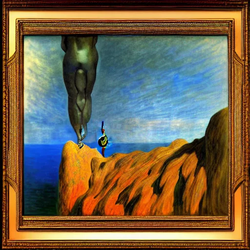 Image similar to A climber that codes A.I. - award-winning digital artwork by Dali and Monet. Stunning lighting