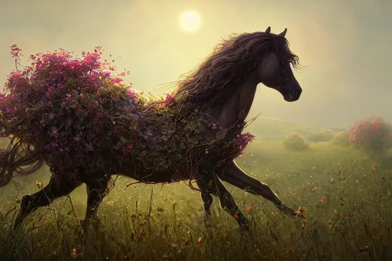 Image similar to a stunning horse with a mane of vines and flowers running through a meadow by greg rutkowski, high key lighting, volumetric light, digital art, highly detailed, fine detail, intricate, ornate, complex, octane render, unreal engine, photorealistic