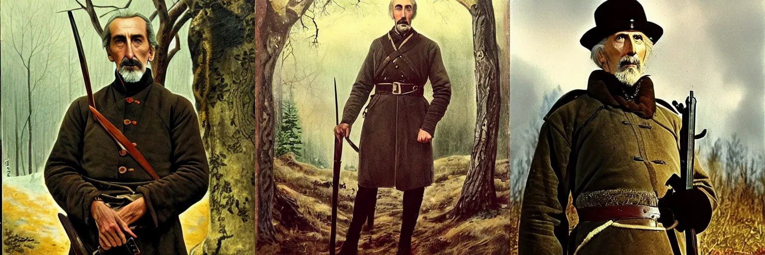 Prompt: a middle aged, martial, stark 19th century eastern european hunter with a large gray goatee looks similar to Jonathan Hyde and young Christopher Lee and young Christopher Lee. The background is a eastern european forrest. cinematic lighting, highly detailed, realistic, antique painting