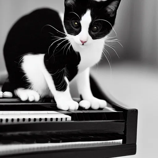 Prompt: A black and white cat in a tuxedo playing a baby grand piano.