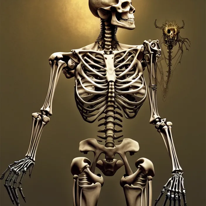 Image similar to bone skeleton cyborg, diffuse lighting, fantasy, intricate, elegant, highly detailed, lifelike, photorealistic, digital painting, artstation, illustration, concept art, smooth, sharp focus, art by john collier and albert aublet and krenz cushart and artem demura and alphonse mucha