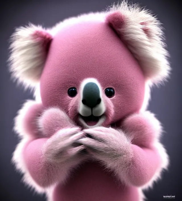 Image similar to high quality 3 d render hyperrealistic very cute small pink koala holding red heart,, plush mascot, short spiky dense fluffy smooth hair, photo from the side, pink fluffy fur, 1 5 0 mm, beautiful natural soft light, rim light, smooth background, artstation, ultra detailed, elegant, ultra detailed, metallic armor, octane render