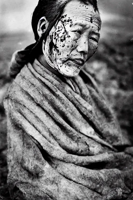 Image similar to ultra realistic vintage photo portrait of a tibetan man with a deep bloody hole on the middle of his forehead, by Annie Leibovitz,