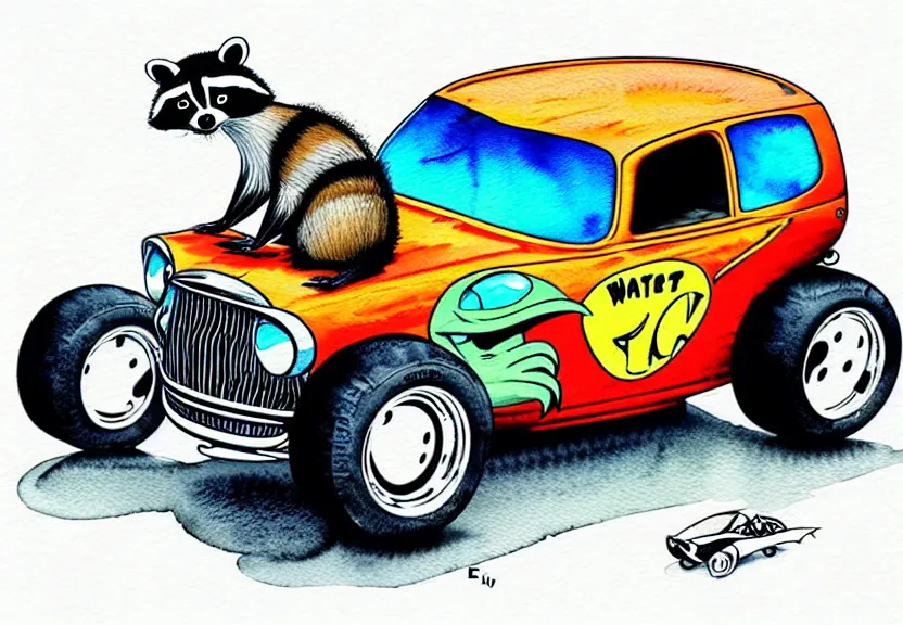 Image similar to cute and funny, racoon riding in a tiny hot rod coupe with ( very ) oversized engine, ratfink style by ed roth, centered award winning watercolor pen illustration, isometric illustration by chihiro iwasaki, edited by range murata