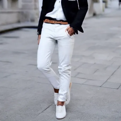 Image similar to person wearing off white shirt and different color pants combo stylish, hd, full body