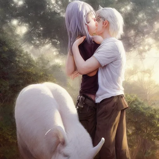 Image similar to a person hugging a large white animal, a detailed painting by krenz cushart, pixiv contest winner, fantasy art, official art, detailed painting, pixiv. highly detailed. 4 k masterpiece. photo realistic. realism. photorealism wideshot