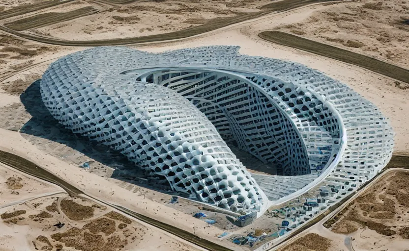 Image similar to parametric structure, medical complex, in the desert beside the gulf, view from above, design by bruce wayne, dezeen, architectural photography