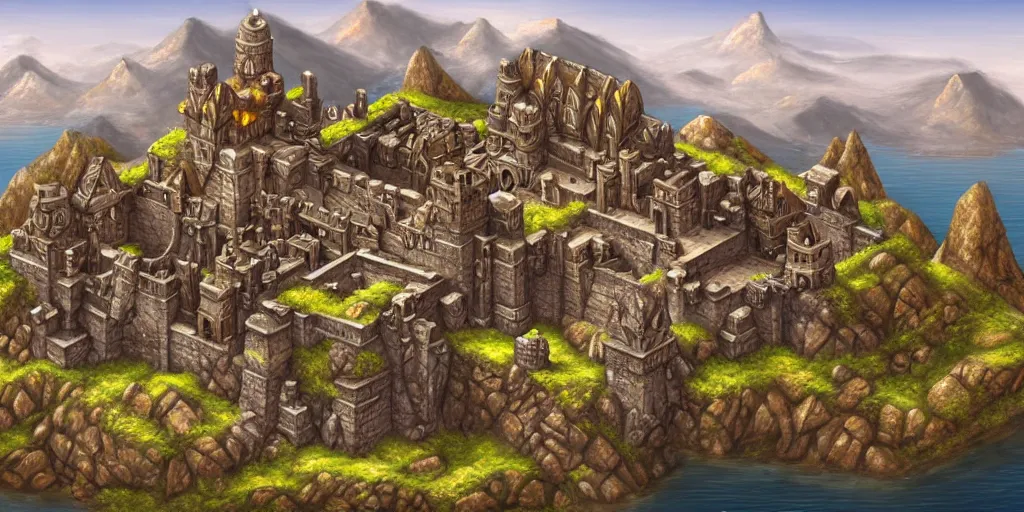 Image similar to isometric view of a dwarven fortress at the edge of a mountain range, matte oil painting, landscape, medieval fantasy, epic, capital site, smelters, forges, waterwheels, chiseled architecture, ornate, trading depots, extremely detailed, sharp focus