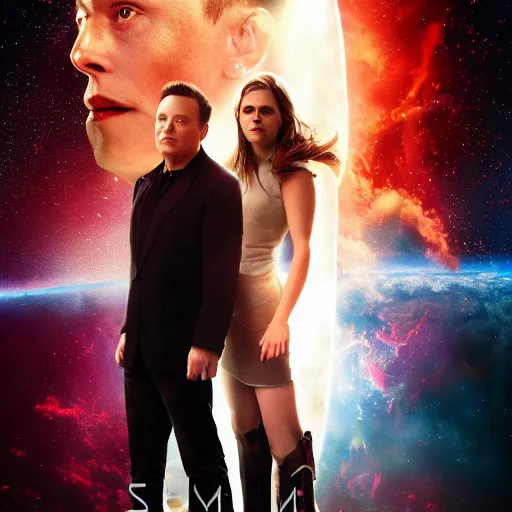 Prompt: elon musk and emma watson on epic sci fi movie poster 4k