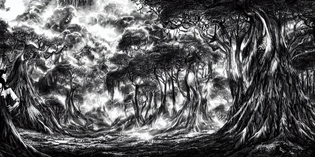 Image similar to illustration of a fantasy forest on the mountanside, monochrome, manga style, by Kentaro Miura, sharp, dramatic lighting